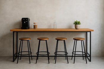 Loft bar xəttinin ön görünüşü, metal karkas və taxta üst