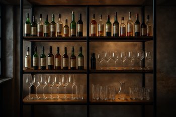 Bar arxasında metal və taxta rəf sistemindən ibarət fon kompozisiyası