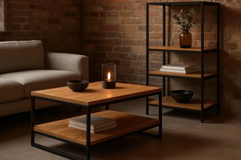 Loft qonaq otağı media paketində TV konsolu və divar rəflərinin yaxın plan detalı