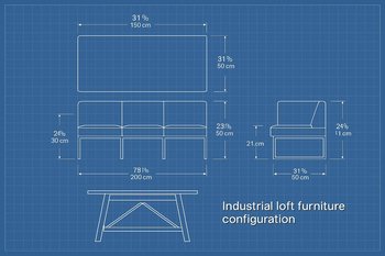 Fərqli ölçülü loft masaların plan eskizlərinin üst-üstə qoyulmuş görüntüsü