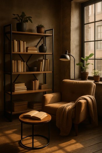 Yumşaq işıq altında loft məmulatlarla tamamlanmış qonaq otağı küncü