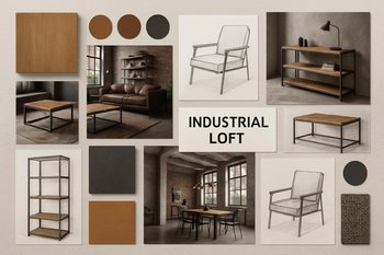 Loft interyer üçün moodboard: metal nümunələri, taxta lövhələr və kataloq eskizləri