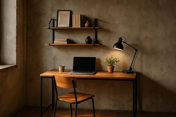 Ev ofisi üçün metal karkaslı iş masası və rəf seti