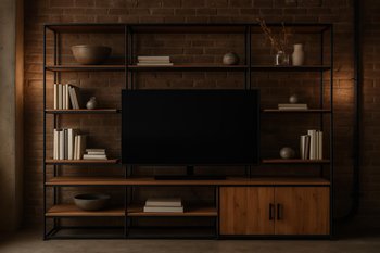 Loft qonaq otağı üçün divar rəf sistemli TV seti