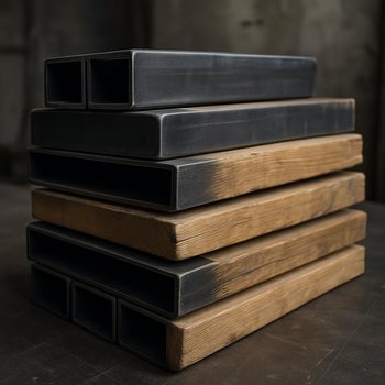 Loft mebel üçün metal profillər və taxta lövhələrin üst-üstə düzülmüş dəsti