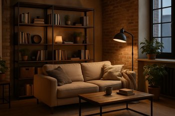 Loft qonaq otağı setində TV konsolu və divar rəf sisteminin yumşaq işıq altında görünüşü