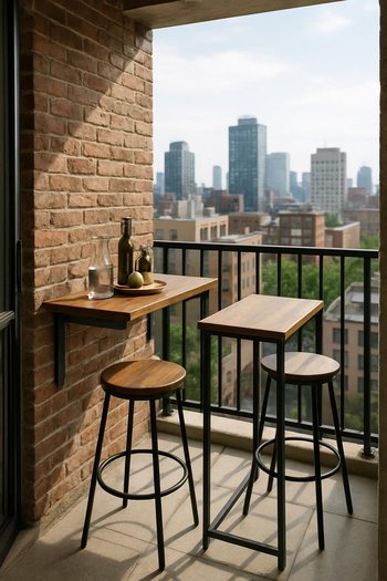 Kiçik balkonda metal karkaslı bar masası və iki yüksək stuldan ibarət künc