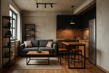 Kiçik studiya mənzildə loft məmulatlarla planlaşdırılmış ümumi görünüş