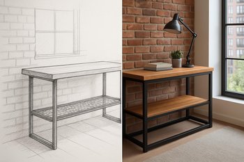 Loft eskizinin və onun real interyerə çevrilmiş variantının yan-yana görüntüsü