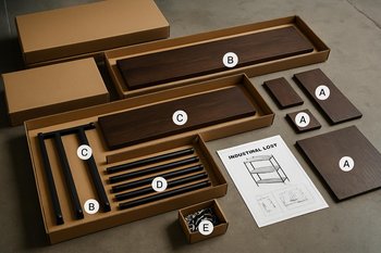 Çatdırılma üçün qablaşdırılan loft mebel detallarının emalatxanada düzülüşü