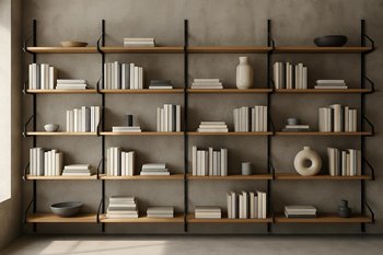 Metaldan dayaqlı və taxta rəfli tam loft divar sistemi kompozisiyası