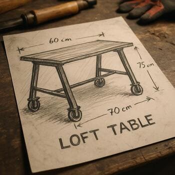 Loft masa üçün əl ilə çəkilmiş eskiz və ölçü qeydlərinin yaxın planı