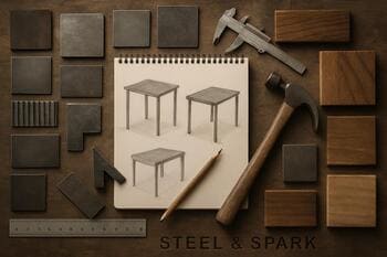 Metal və ağac nümunələri ilə dolu Steel&Spark atelier masası