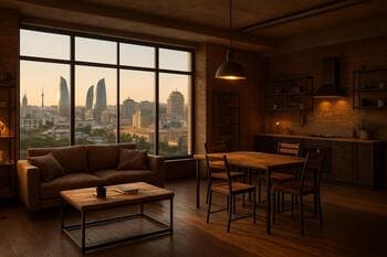 Bakı mənzilində loft üslubunda metal və taxta mebel ilə interyer