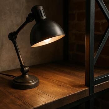 Loft iş masası küncündə masa lampası və metal karkas detalı