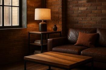 Loft qonaq otağında yumşaq işıq altında metal və taxta künc kompozisiyası