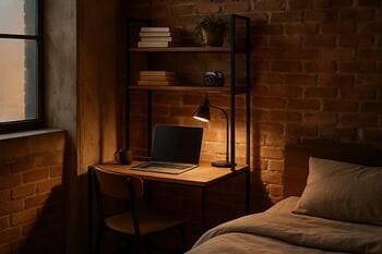 Loft yataq otağında metal və taxta rəfli mini iş guşəsi