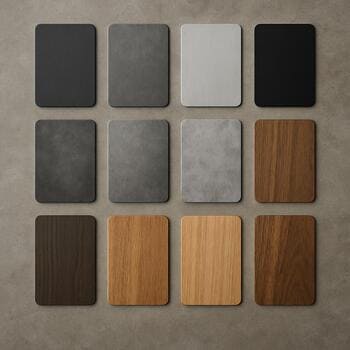 Loft interyer üçün metal və ağac rəng nümunələrinin kiçik kartları