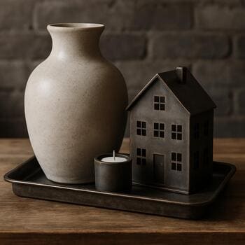 Metal tray üzərində keramika vaza və loft üslubunda kiçik dekor