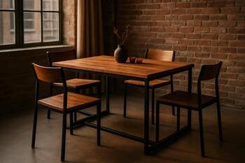 Metal çərçivəli və taxta üstlü loft yemək masası dəsti