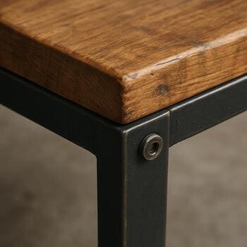 Loft masa küncündə metal karkas və taxta üstün birləşmə detalı
