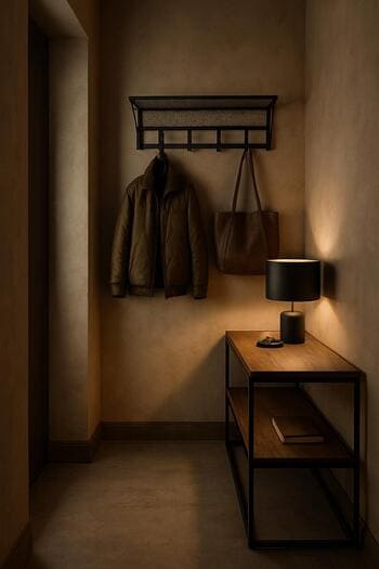 Dar dəhlizdə loft üslubunda metal konsol və divar asılqanı