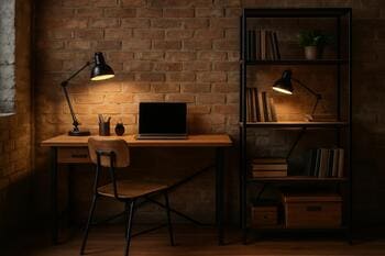 Loft iş guşəsi üçün iş masası və metal rəf sistemindən ibarət dəst