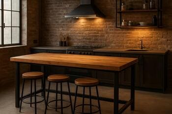 Loft mətbəxdə metal karkaslı taxta ada masa və bar stulları