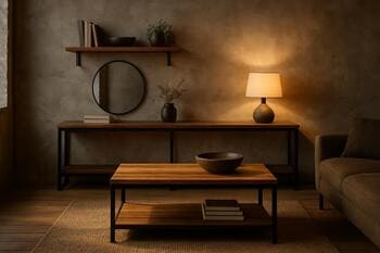 Loft qonaq otağı üçün konsol, divar rəfi və qəhvə masası dəsti