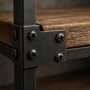 Loft rəf sistemində metal künc birləşməsi və vidaların detallı görüntüsü