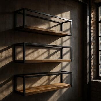 Loft interyer divarında metal rəflərin yaratdığı kölgə xətləri