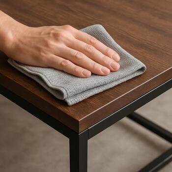 Metal karkaslı loft masanın mikrofiber parça ilə təmizlənməsi