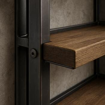 Metal karkaslı və taxta rəfli divar sisteminin künc detalı