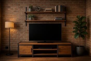 Panoramalı qonaq otağında Steel&Spark loft TV konsolu və divar rəfləri
