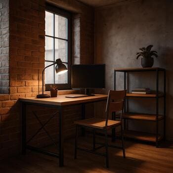 Kiçik studiyada loft iş guşəsi üçün metal və taxta masa küncü