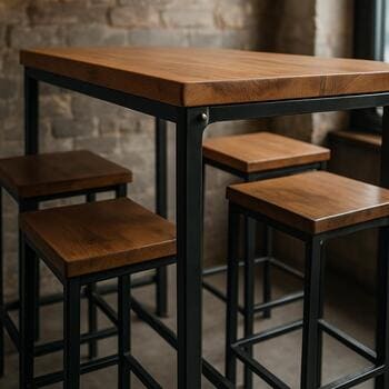 Kiçik kafedə metal karkaslı bar masası və loft stulları detalı