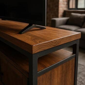 Loft qonaq otağında taxta üstlü TV konsolunun künc detalı