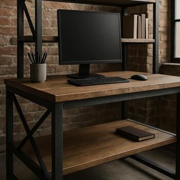 Ev ofisində metal karkaslı loft iş masasının detal görüntüsü