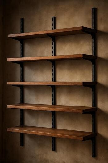 Metal dayaqlı və ağac rəfli divar sistemindən loft rəflər