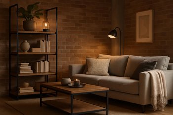 Loft media xətti ilə tamamlanmış Bakı qonaq otağı küncü