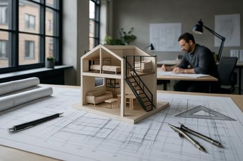 Memar və emalatxana ustasının loft eskizləri üzərində iş masasında müzakirəsi