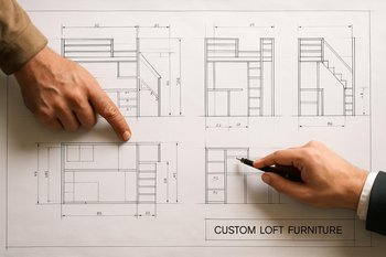 Loft interyer planının eskiz üzərində birlikdə baxıldığı masa görünüşü