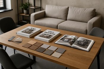 Eskizlər, ölçü qeydləri və laptop ilə loft layihə konsultasiyası masası