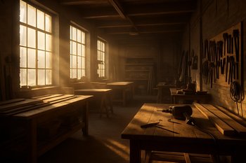 Səhər işığında eskiz masası və emalatxana pəncərəsinin görünüşü