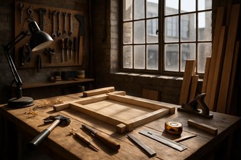 Günorta vaxtı metal və ağac detallarının yerləşdiyi iş masası
