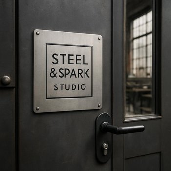 Steel&Spark emalatxanasının giriş qapısı və loft loqotipli lövhə