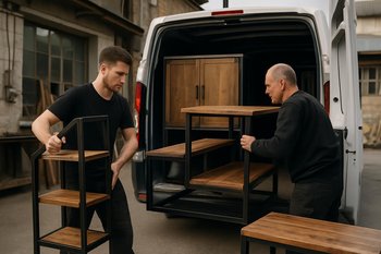 Loft məmulatların yük maşınına yükləndiyi anın emalatxana həyəti görüntüsü