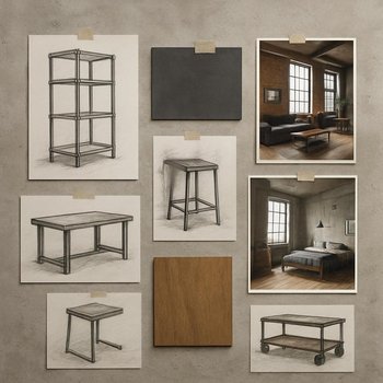 Loft eskizləri, şəkillər və metal-ağac nümunələrinin qarışdığı moodboard küncü