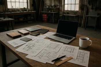 Sifariş eskizləri, ölçü qeydləri və metal nümunələri ilə dolu emalatxana masası