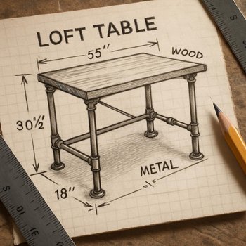 Loft masa üçün əl ilə çəkilmiş eskizin və ölçü xəttlərinin yaxın plan görünüşü
